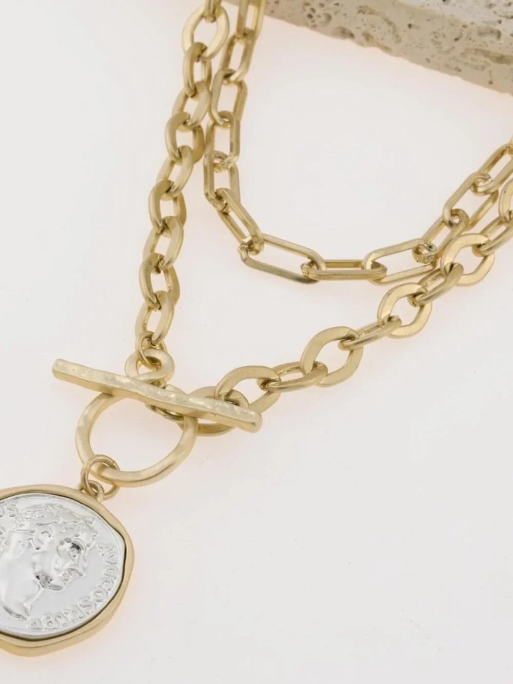 Chunky Coin Antique Gold Plated Thick Link Chain Layered Pendant Necklace for Wo - Picture 6 of 7